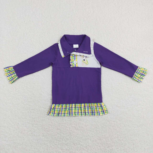 GT0412 Mardi Gras Puppy Plaid Purple Zip Long Sleeve Top