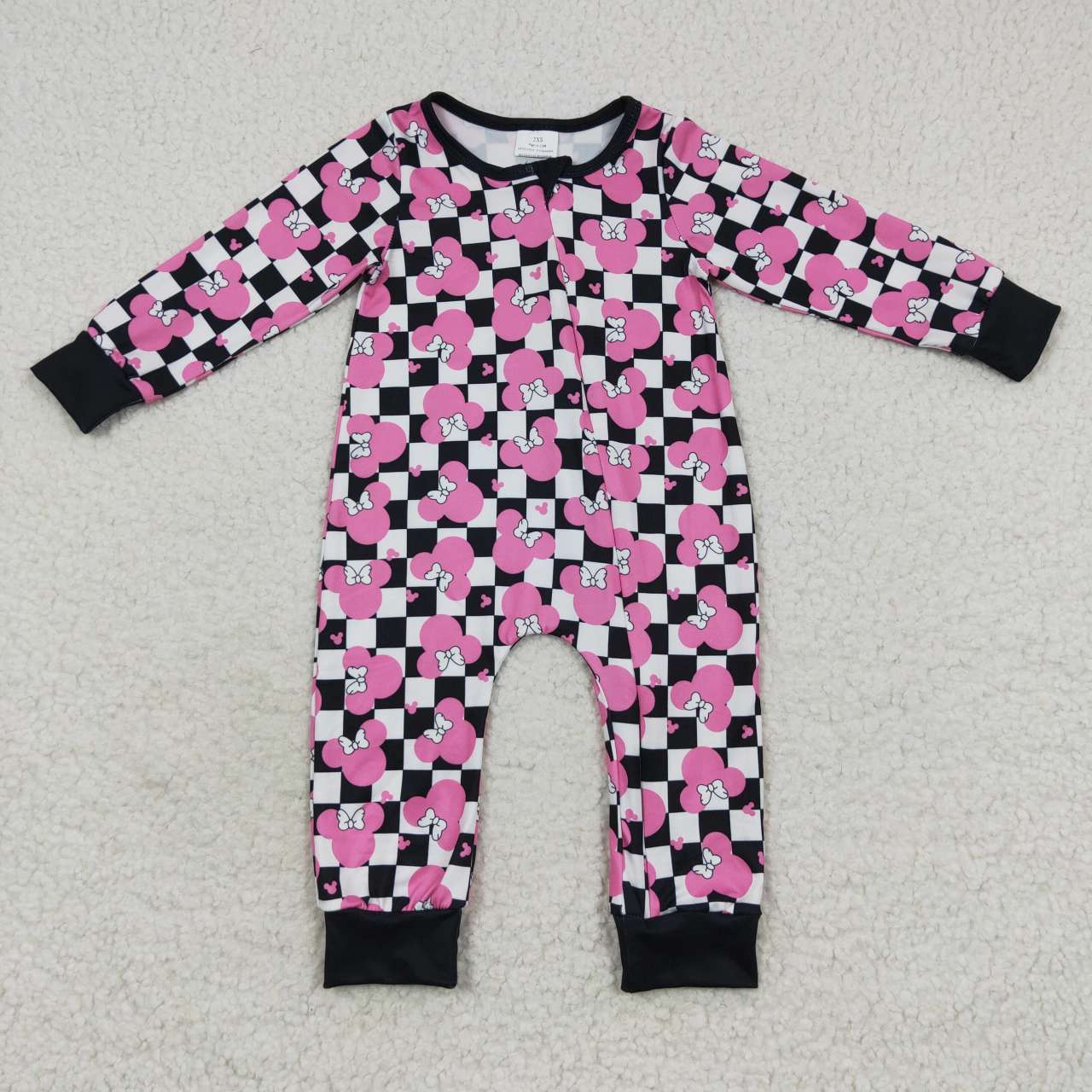 LR0478 Bowknot rose red Mickey black and white plaid zipper long-sleeved jumpsuit