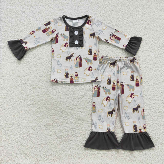 GLP0587 Jesus star cow sheep tree lace gray long-sleeved trousers suit