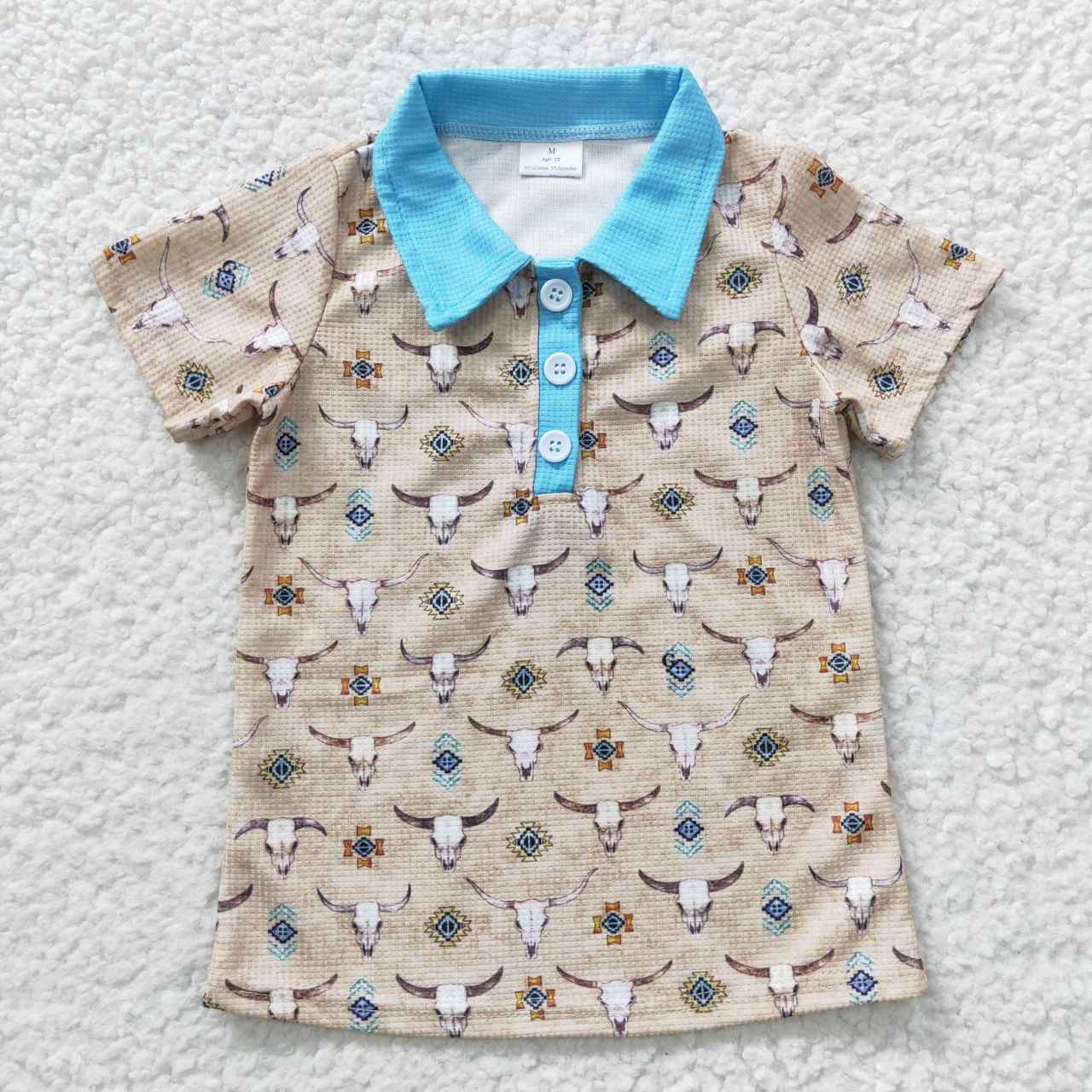 BT0210 Boys' Bull Head Geometric Pattern Brown Short Sleeve Top waffle fabric