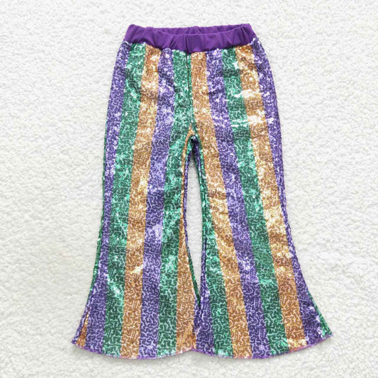 P0277 Purple Green Gold Stripe Sequined Trousers