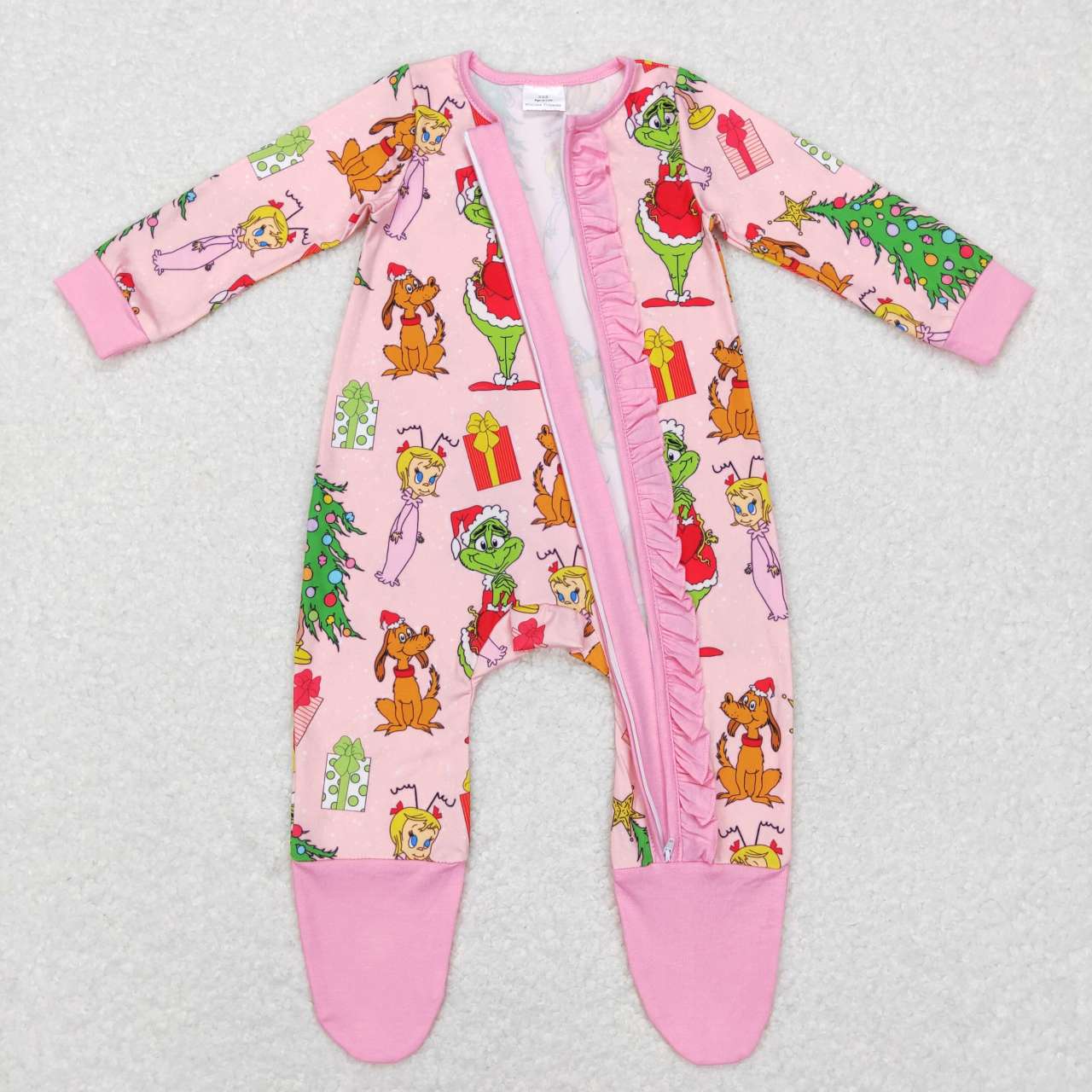 LR0806 grinch girl puppy christmas tree pink lace zipper long sleeve bodysuit