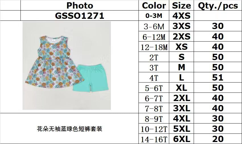 RTS NO MOQ GSSO1271 Flower sleeveless blue-green shorts set