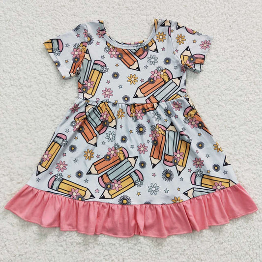 GSD0379 Back to School Pencil Light Blue Pink Trim Short Sleeve Dress