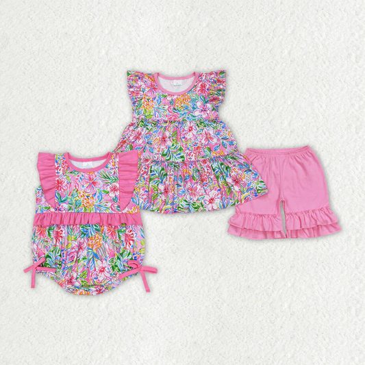 RTS NO MOQ Baby Girls Flowers Sibling Rompers Summer Clothes Sets