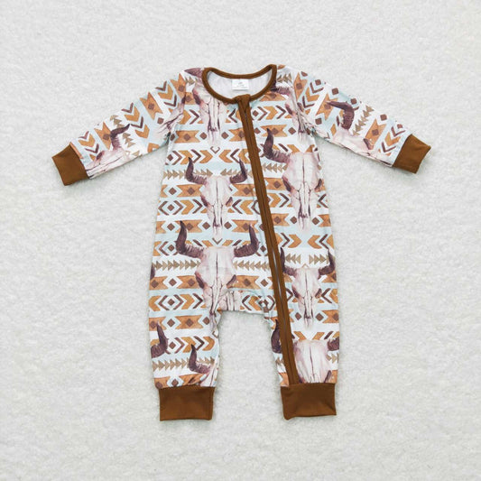 RTS NO MOQ（In Stock ) LR0674 Alpine Cow Head Arrow Geometric Brown Zip Long Sleeve Jumpsuit
