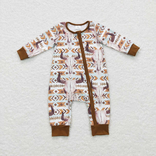 LR0674 Alpine Cow Head Arrow Geometric Brown Zip Long Sleeve Jumpsuit