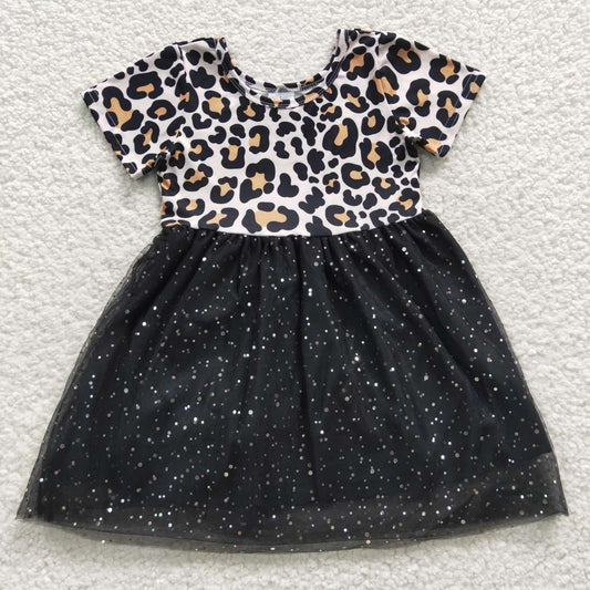 RTS NO MOQ GSD0329 Leopard Short Sleeve Black Sequined Mesh Dress
