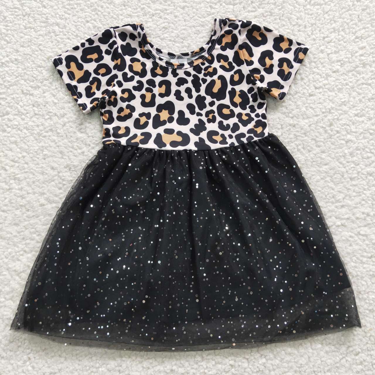 GSD0329 Leopard Short Sleeve Black Sequined Mesh Dress