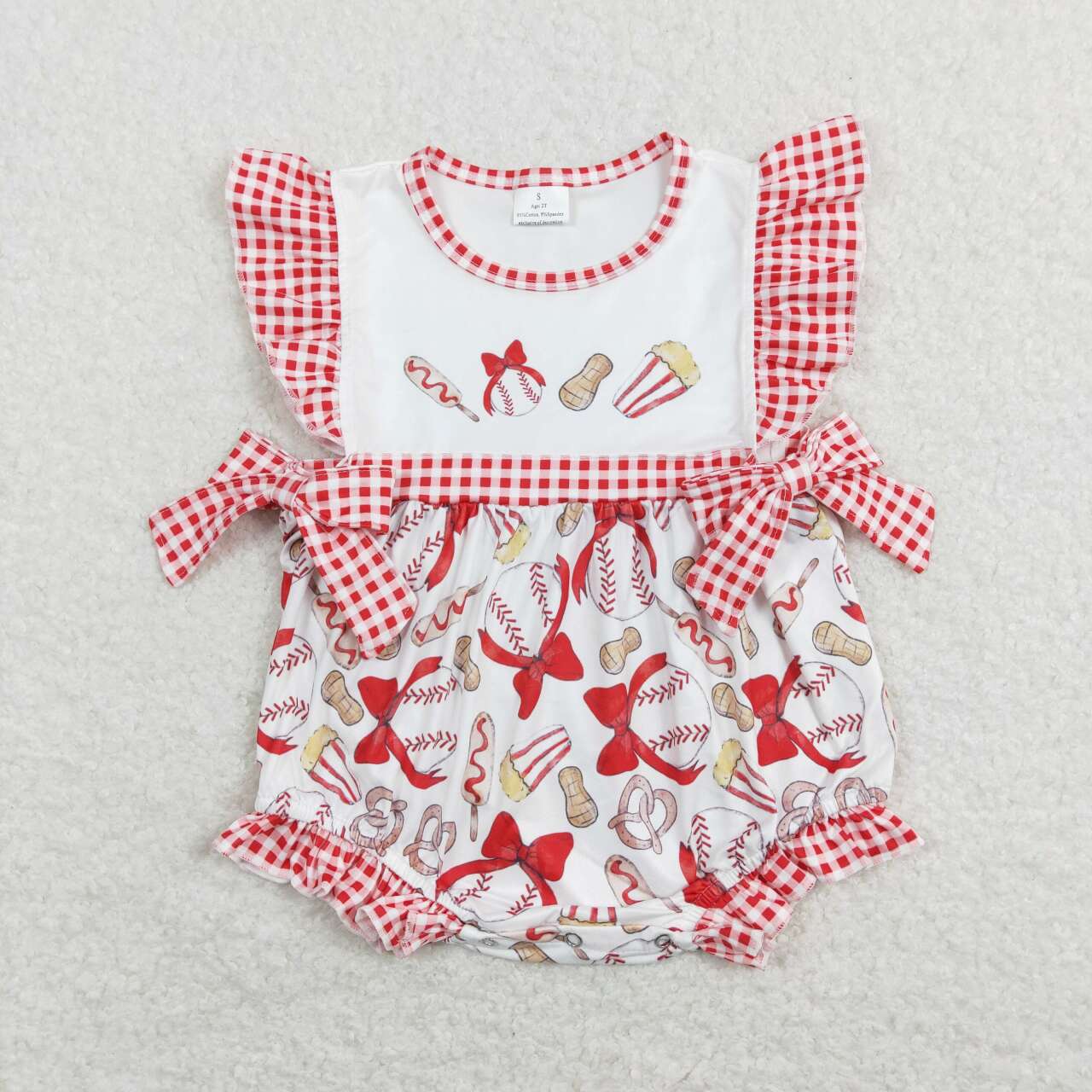 SR0848 Bow Baseball Peanut Popcorn Red and White Plaid Bow Vest Jumpsuit