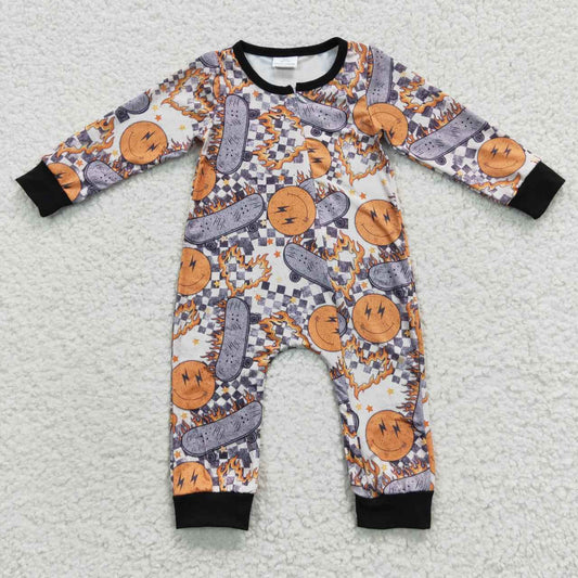 LR0305 Smiley Skateboard Plaid Zipper Long Sleeve Bodysuit