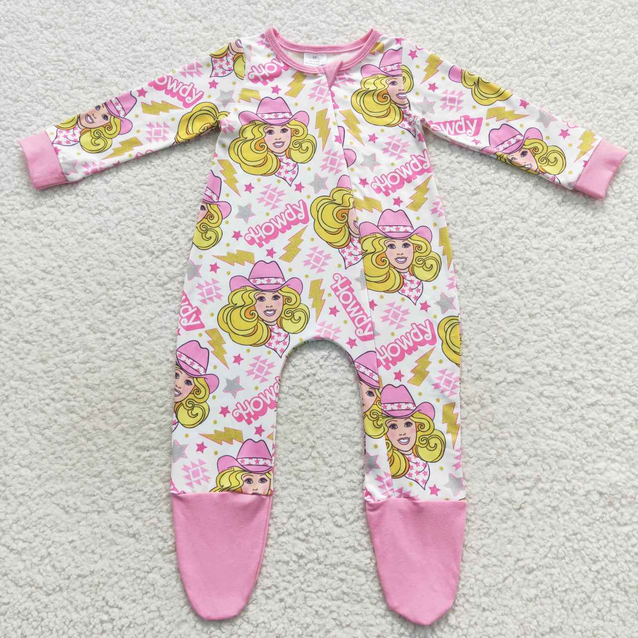 LR0545 howdy barbie star lightning powder white zipper long-sleeved jumpsuit