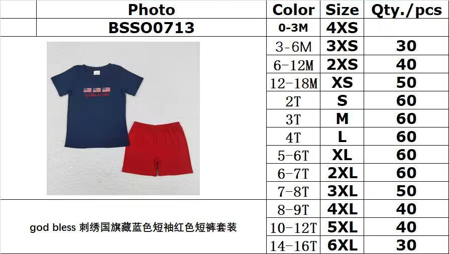 RTS	BSSO0713god bless embroidered national flag navy blue short sleeve red shorts suit