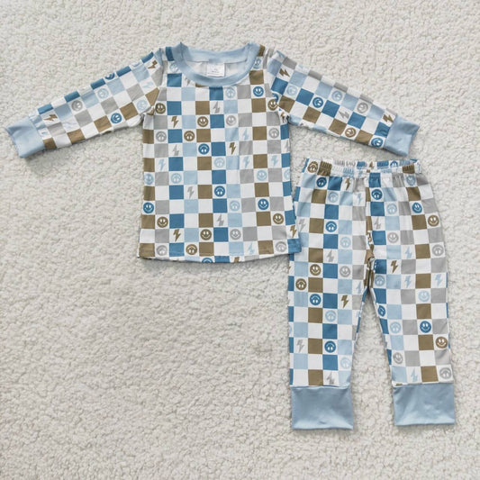 BLP0171 Smiley Lightning Plaid Blue Long Sleeve Trouser Set