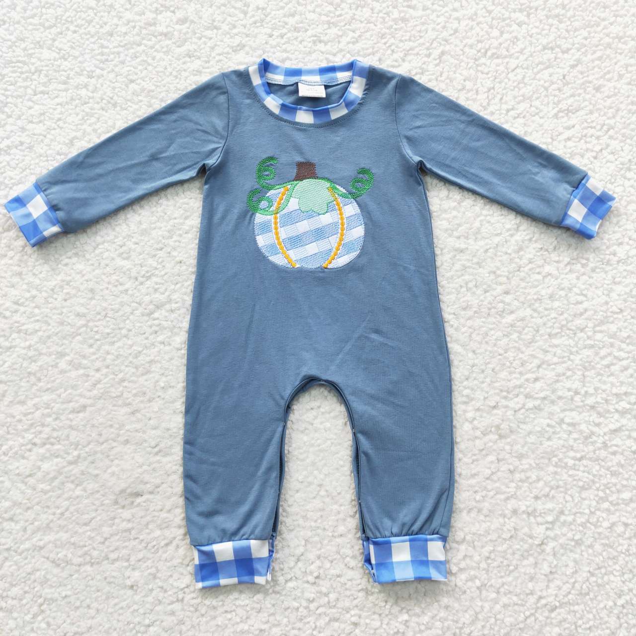 LR0319 Boys Embroidered Pumpkin Blue Plaid Long Sleeve Bodysuit