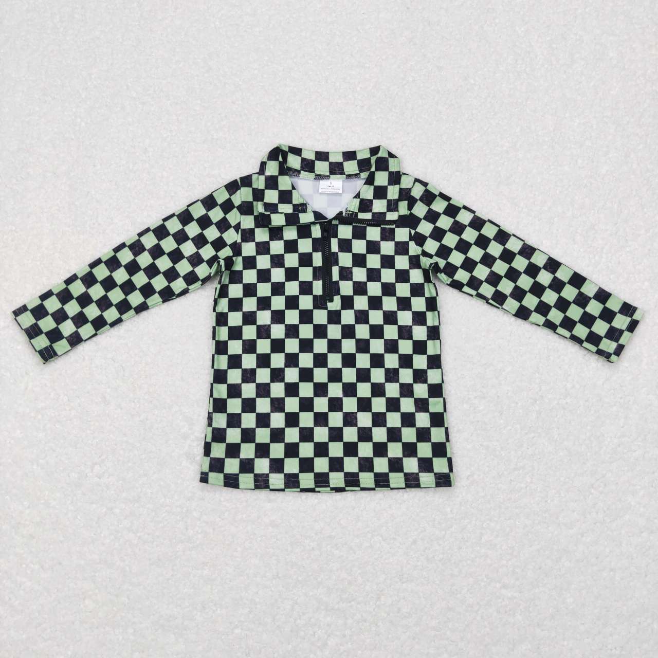 BT0399 Black and green plaid zipper long-sleeved top