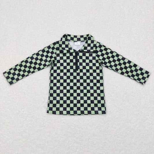 BT0399 Black and green plaid zipper long-sleeved top