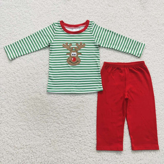 BLP0180 Boys Embroidered Elk Green Stripe Christmas Long Sleeve Red Pantsuit
