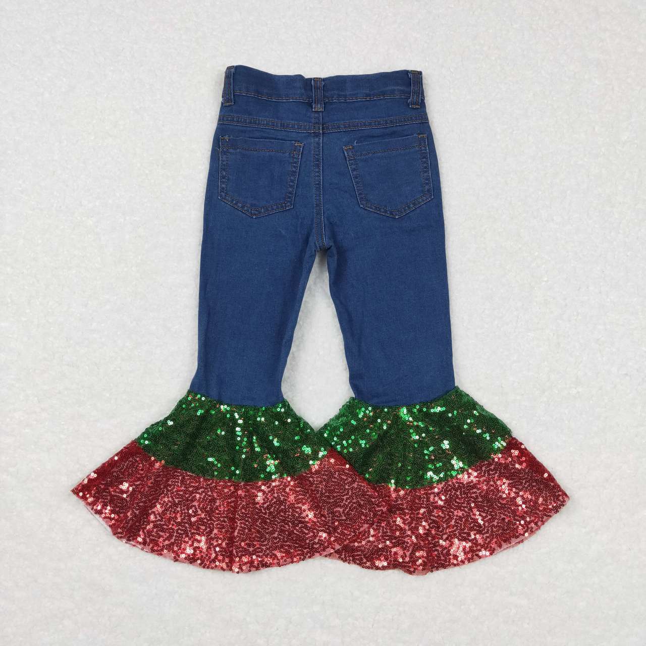 P0113 Red green sequined denim trousers