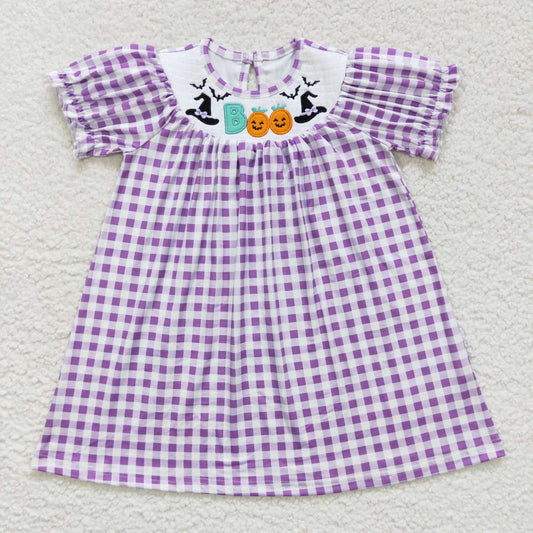 GSD0468 boo embroidered witch hat purple plaid smocked short-sleeved dress