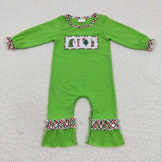 LR0324 Girls Christmas Embroidery Cartoon Grinch Dog Plaid Green Long Sleeve Onesie