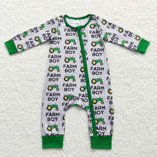 LR0688 farm boy tractor gray green zipper long sleeve jumpsuit