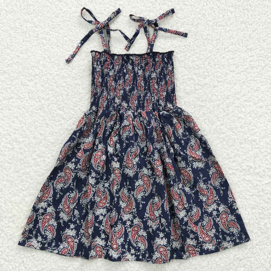 RTS NO MOQ（In Stock ) GSD0366 Vintage Pattern Navy Blue Elastic Dress