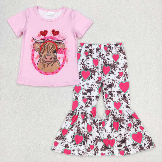 GSPO0416 Girls Alpine Cow Love Pink Short Sleeve Pants Suit