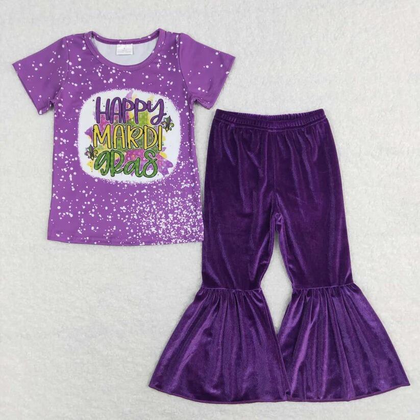 GT0374 happy mardi gras letter purple short sleeve top+P0385 Purple gold velvet trousers