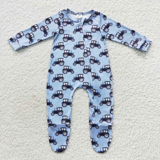 LR0537 Blue Truck Zip Long Sleeve Bodysuit