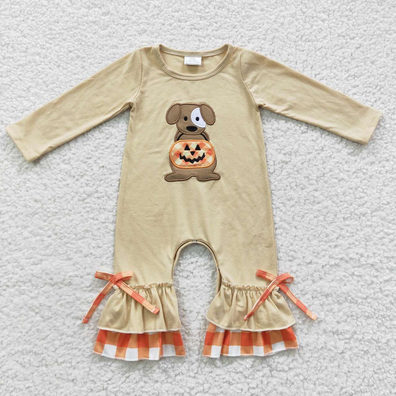 LR0290 Girls Embroidered Puppy Jack-O-Lantern Plaid Beige Halloween Long-Sleeved Onesie