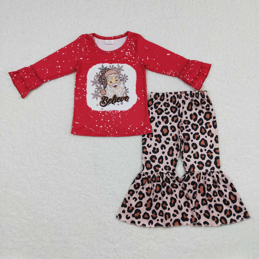 GLP0862 believe santa claus snowflake red long sleeve leopard print trousers suit