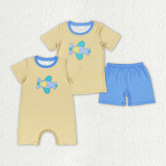 RTS NO MOQ embroidery boys Baby Boys Plane Sibling Brother Summer Rompers Clothes Sets
