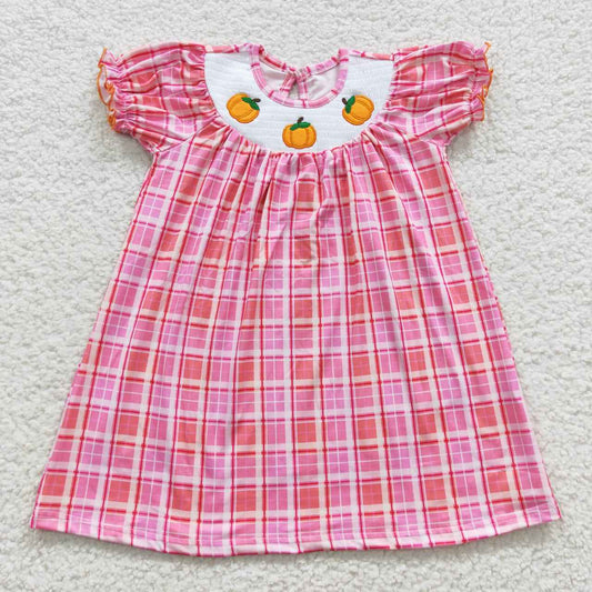 GSD0423 smocked pumpkin embroidery red plaid short sleeve dress