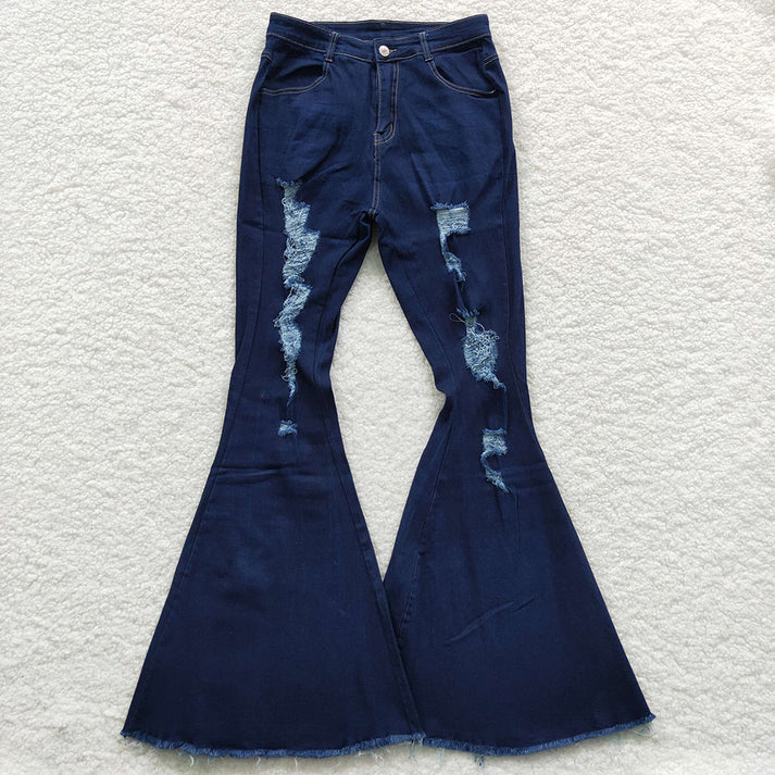 RTS NO MOQ Mommy Mommy and Me Adult Baby Girls Navy Distressed Denim Bell Flare Pants Jeans