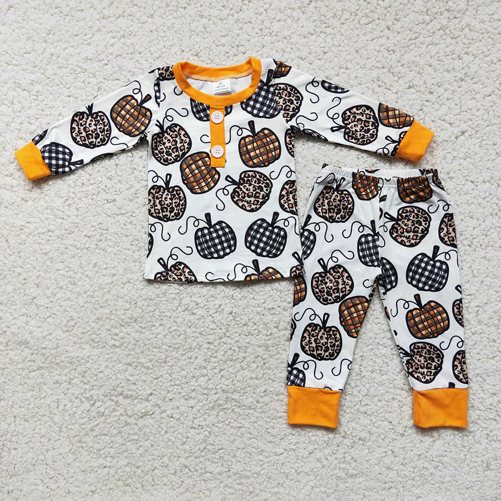 RTS NO MOQ PUMKIN Baby Girls Boys Fall Checked Pumpkins Sibling Dresses Pajamas Clothes Sets