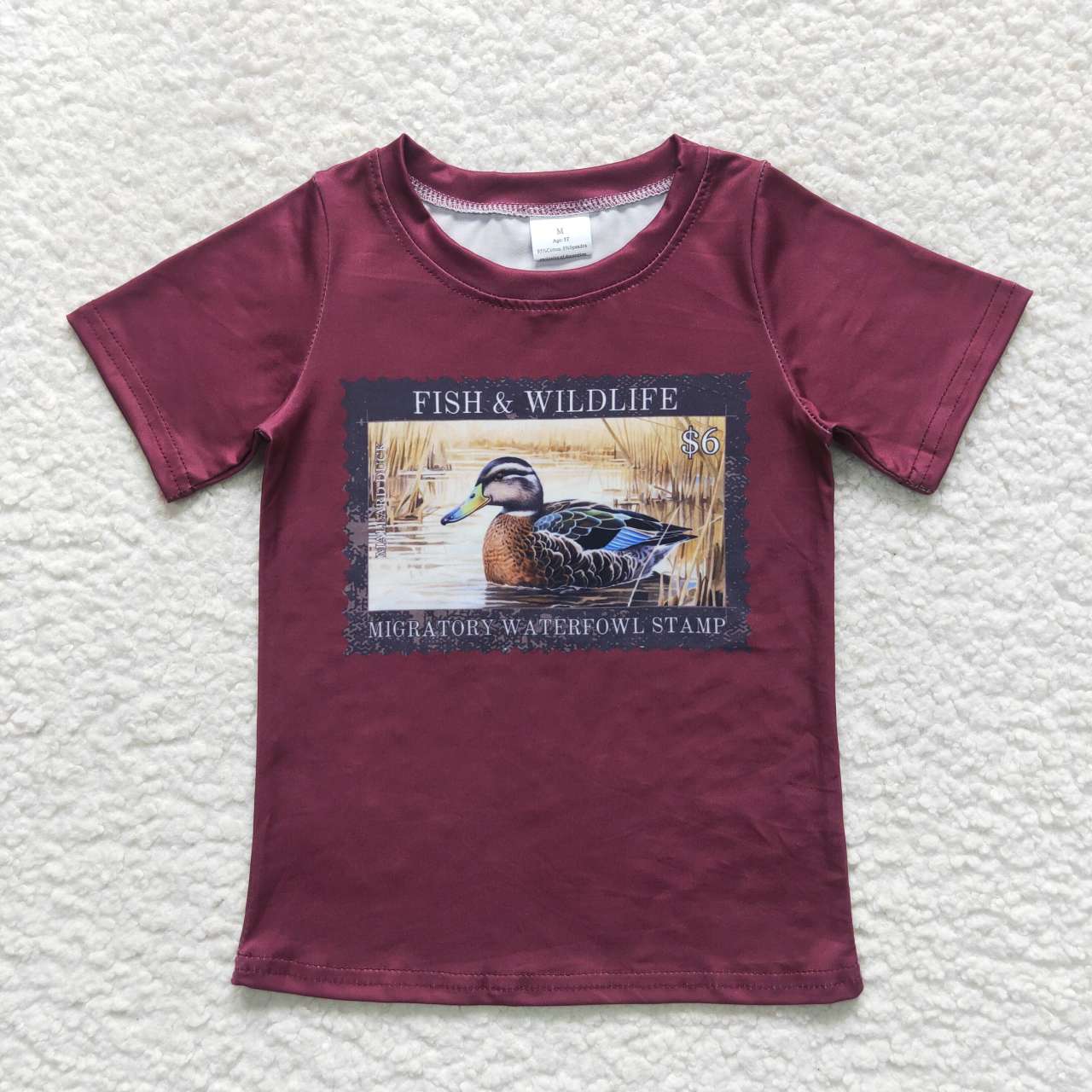 BT0342 fish wildlife duck stamp burgundy short-sleeved top