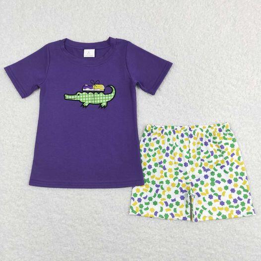 BSSO0410 Embroidered Carnival Crocodile Purple Short Sleeve Shorts Set