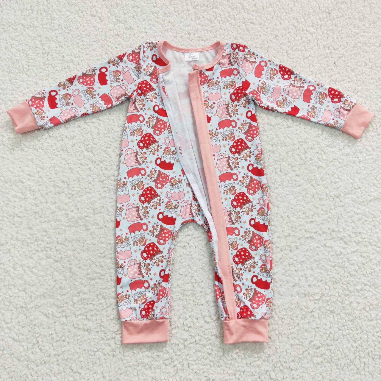 LR0294 Christmas Gingerbread Man Mug Zip Pink White Long Sleeve Onesie