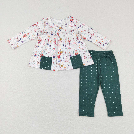 GLP0991 Cartoon Dancing Girl Soldier Nutcracker Pocket Polka Dot Green Pants Suit