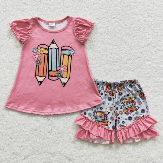 GSSO0356 Floral Pencil Pink Short Sleeve Shorts Set