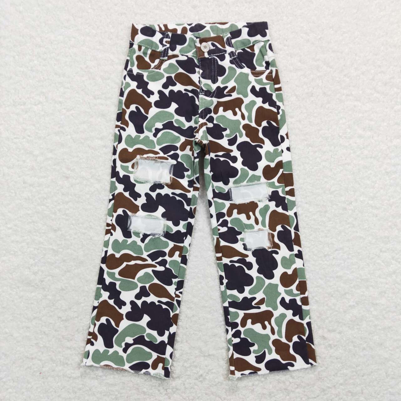 P0413 Brown and green camouflage ripped denim trousers