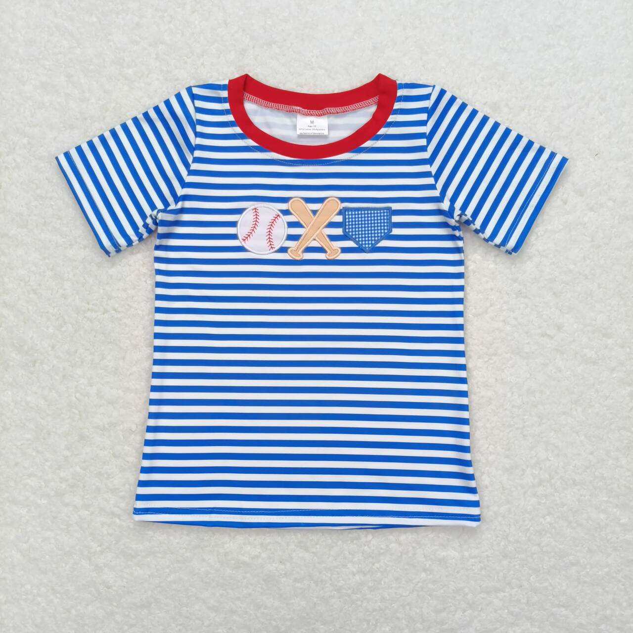 RTS NO MOQ BT0657 Embroidered Baseball Blue and White Striped Short Sleeve Top +cotton shorts