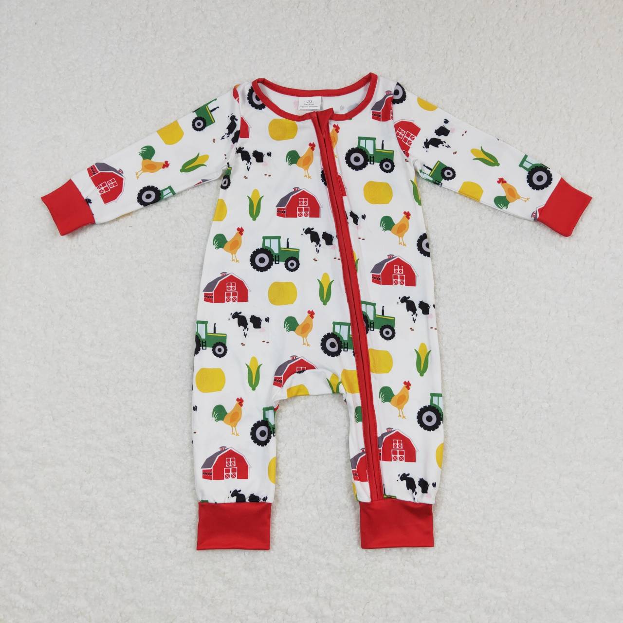 LR0672 Farm Animals Red House Tractor Corn Red and White Zipper Long Sleeve Jumpsuit