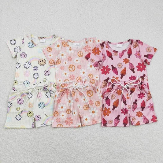 RTS summer pajamas  GSSO0229  Girls Smiley Rainbow White Short Sleeve Shorts Set rib fabric