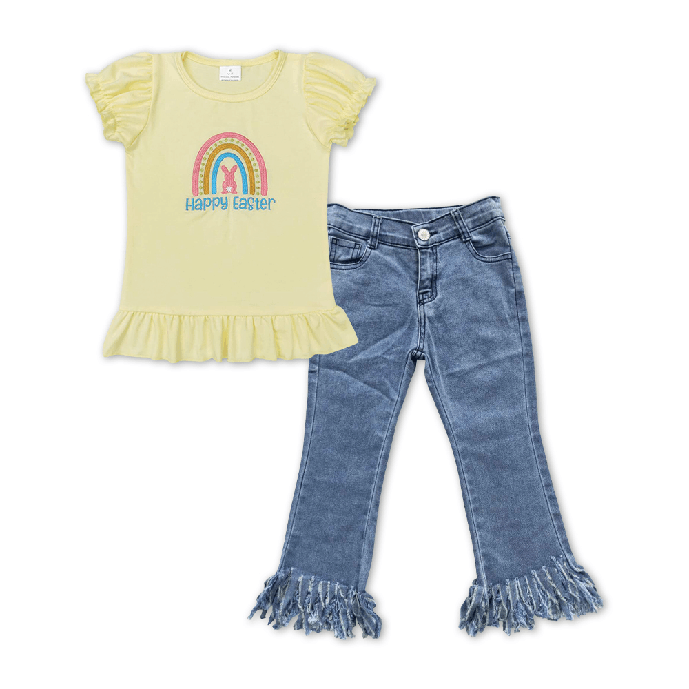 GT0392 happy easter embroidered letter bunny rainbow yellow lantern sleeve short sleeve top+B7-13 Bleached fringed jeans