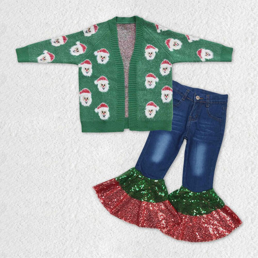 Christmas green sweater jacket and jeans set