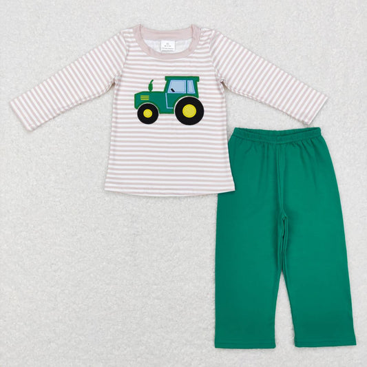 BLP0401 Embroidered Truck Tractor Beige Striped Long Sleeve Green Pants Suit
