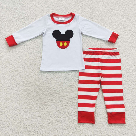 BLP0205 Embroidered cartoon Mickey red and white striped long-sleeved trouser suit