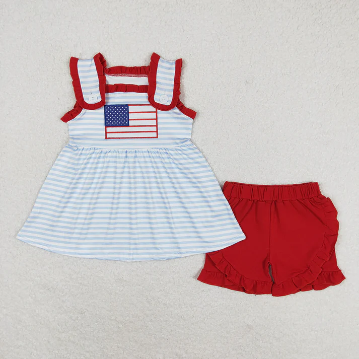 RTS Baby Girls Flag 4th Of July Sibling Rompers Clothes Sets